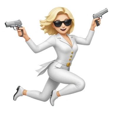 Mafia blondes woman Jumping for joy , in sunglasses, gun ,money , white costume  sticker