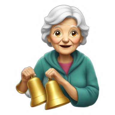 Old woman touch a big bells sticker
