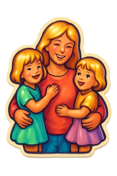 mom with long light hair holding two little girls with short light hair, all in pastel outfits, cute retro stickers style, soft shadows, multiple variations sticker
