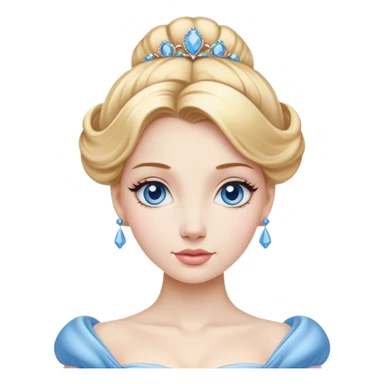 Cinematic Realistic Noble Cinderella Portrait, depicted with porcelain skin rendered in lifelike detail and soft, natural lighting that highlights every delicate nuance. Her intricately styled golden-blonde hair is arranged in an elegant updo, and her deep, expressive blue eyes radiate quiet determination. She wears her classic ball gown with rich fabric textures and delicate folds catching the light beautifully, all set against a subtly glowing, natural background that captures the essence of timeless royal grace. sticker