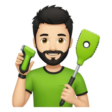 young fair-skinned man with messy black hair and beard, smiling, black t-shirt, holding a palm-sized lime green trimmer in one hand sticker
