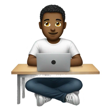 a young man is sitting at a laptop in a T-shirt sticker