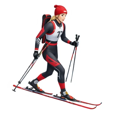 An icon featuring a biathlete skiing along a winding trail with a rifle on their back, surrounded by a beautiful snowy landscape with mountains and pine trees. A target range appears in the distance. Transparent background highlights the blend of endurance, precision, and winter beauty. sticker