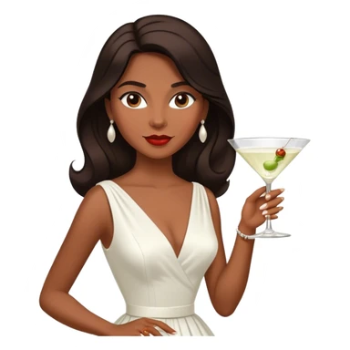 Beautiful woman in 1950’s woman fashion look, white dress, long dark brown hair, martini  sticker