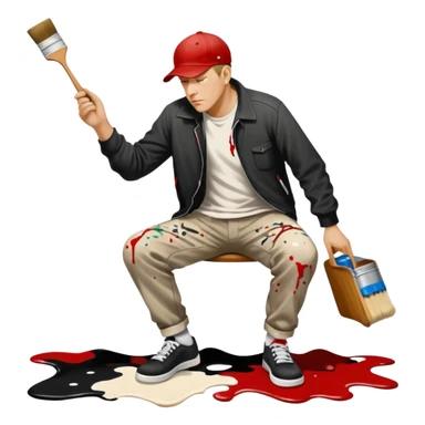 Jackson pollock the abstract artist flicking black white and red paint from a brush onto a canvas at his feet sticker