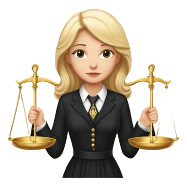 woman lawyer blanche et blonde habillée avec une robe noire longue et une cravate blanche, avec la balance de la justice derrière elle sticker