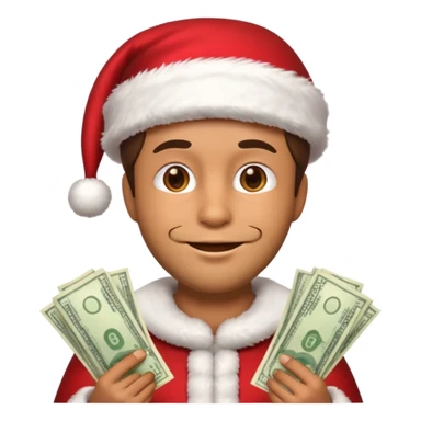A confident rich emoji face wearing a Santa hat, money stacks, casino vibe, New Year theme, premium 3D emoji style, sharp details, no t sticker