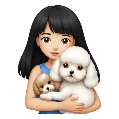 A beautiful girl with long black hair and bangs hugs a little Bichon Frise tightly sticker