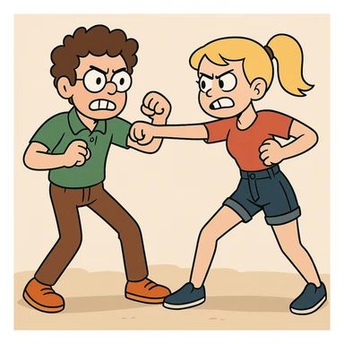 Fighting a boy brown Curly hair circle glasses green Pro polo brown jeans orange shoes and a girl Yellow ponytail hair red shirt high waisted dark blue denim shorts blue shoes sticker