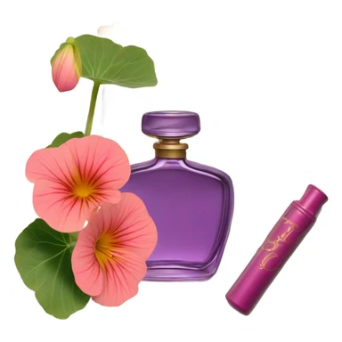 Aesthetic display of blush violet nasturtiums, an elegant deep pink perfume bottle, and a vintage love violet letter written in flowing script. sticker