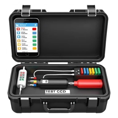 An open black hard-shell test case. inside: technical control handy, a power outlet, USB port, and colored test sockets. A large roll of white test labels with qrcode lies next to the equipment, along with one red test probe. sticker