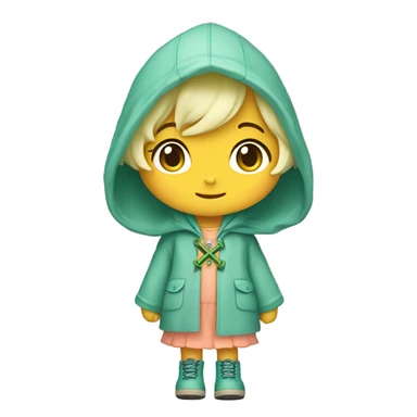 Cute little girl with light blue hair with peach skin, with yellow raincoat hooded with green boots holding a staff, with a cross necklace, Sanrio design sticker