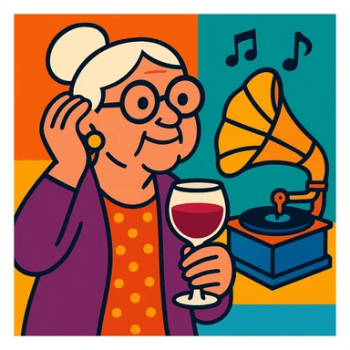 old lady with wineglass listening to gramophone sticker