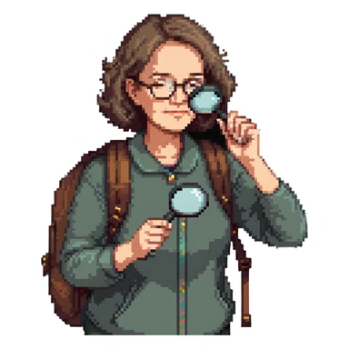 Middle-aged woman hiker with glasses and backpack, using a single magnifying glass sticker