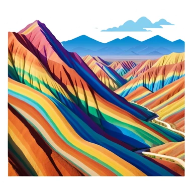 Rainbow Mountains Zhangye Danxia colorful striped hills, simplified emoji style with bold outlines and bright colors, cartoon style multicolored mountain ridges sticker