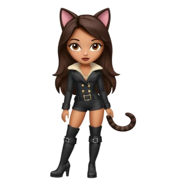 A sexy, super pretty bratz girl with caramel skin. Dark brown hair and brown eyes. She has freckles. Wearing sexy makeup. Dressed as a sexy cat with tall black boots on sticker