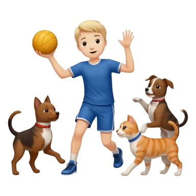 ragazzo basso  che gioca a pallamano circondato da cani e gattu sticker