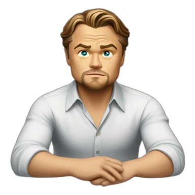 Leonardo DiCaprio sitting on a table and trying to solve a problem in his business sticker