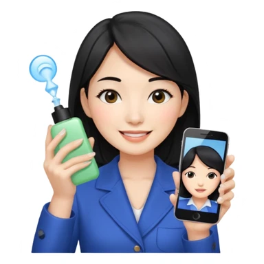 a korean cosmetics marketing expert women with black hair, holding face-mist and phone with smile on sticker