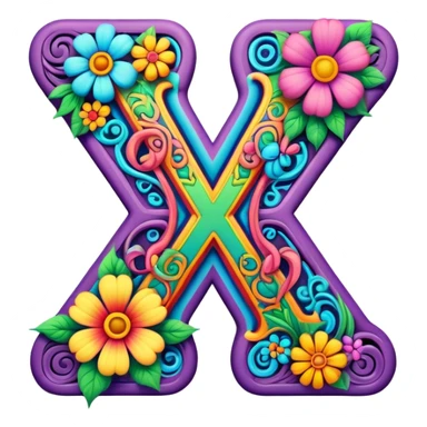 3D, gothic style psychedelic colored Letter X with hippie style flower border sticker