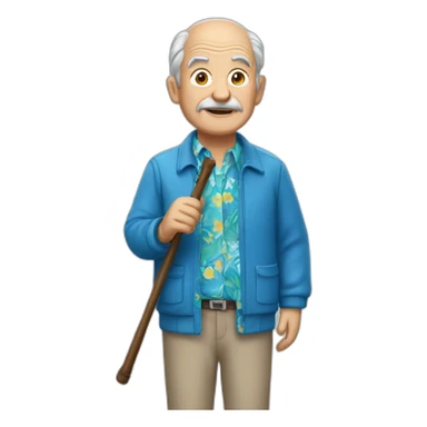 old man holding cane wearing blue Hawaiian shirt and jacket sticker