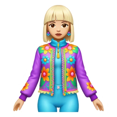 3D, psychedelic colored hippie wearing hip huggers and a fringed jacket with flower border sticker