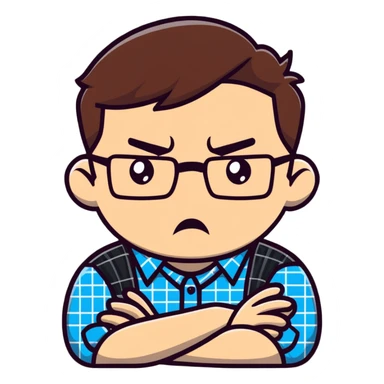 A stiff, uptight person with a scowling face looking fearful, wearing glasses and checkered shirt sticker