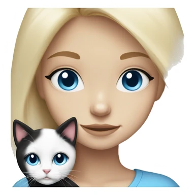 Blonde girl blue eyes snuggling fluffy tuxie black & white cat sticker