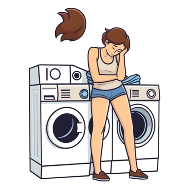 Caucasian woman with brown hair and big boobs wearing a tank top lying on a washer and dryer sticker