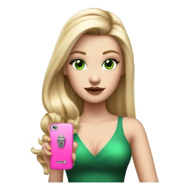 Realistic White girl with Long straight blonde hair, green eyes, tattoos, full body wearing dress and High heels, holding pink phone sticker