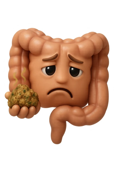 EMOJI STILE IPHONE 3D DI un intestino con espressione triste mentre tiene in mano delle fibre fermentate a poltiglia, FALLO MOLTO REALISTICO IN 3D sticker