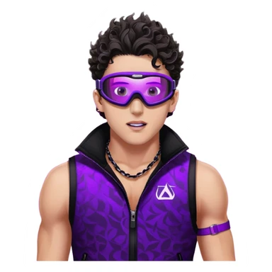 close-up of bad guy male athlete with white skin and moderately curly dark brown hair on top with shaved sides, wearing ski goggles with purple frames and very dark black lenses, a simple plain black chain necklace, and a completely unzipped sleeveless vest with purple and black sequin fire pattern design with no logo, pulling his tongue out very far in an exaggerated mocking gesture, looking menacing and villainous sticker