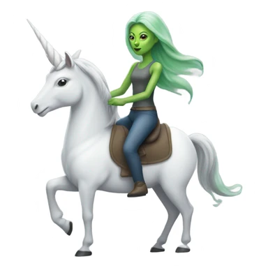 a green alien woman, on a grey and white unicorn sticker