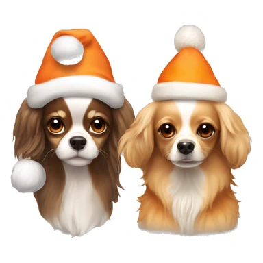 2 firiend dogs, chihuahua with long hair, with beige color fur and orange lights. And cocer spaniel with orange fur. They are in christmas hats sticker