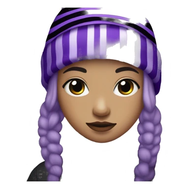 with neon purple eyes and short, dull purple hair. She wears a black striped beanie with a glittery bobble at the tip, and black boots with long, dark purple light purple striped socks. She  sticker