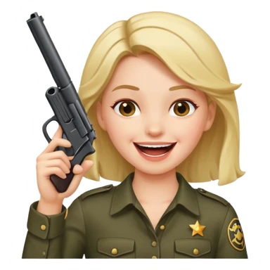 Girl laughing while holding gun pointing towards her headwith the top of it to head sticker