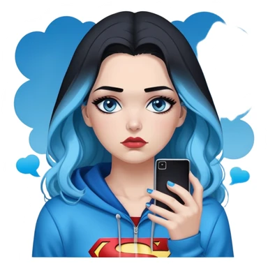 Thought bubble saying I'm sorry-Female-very very very large chest-texting on a samsung cell phone-very long straight black to sky blue hair ombre-blue eyes-black eyeliner-long eyelashes-unzipped hoodie with glitter superman logo-leggings-lippierced sticker
