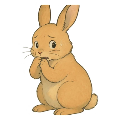 apricot bunny biting paw nervously, full body, soft Ghibli style sticker