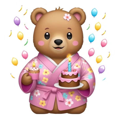 A cute light-brown bear wearing a pastel pink sakura-patterned kimono, normal balanced body ratio.  
Holding a small birthday cake with candles, smiling brightly with confetti and spark effects around.  
Kawaii emoji style, minimalistic clean sticker illustration, white background. sticker