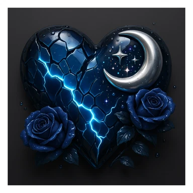 Create a gothic heart with splintered deep blue glass, silver crescent moon, midnight blue roses, holographic stardust, neon lightning, and a wet look. The style should emulate the 3D emoji style with a focus on depth and shine. sticker