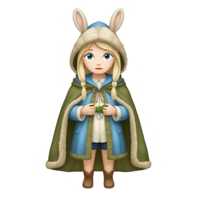 full body woman long blonde hair blue eyes white skin wearing rabbit hat and soft moss cloak sticker