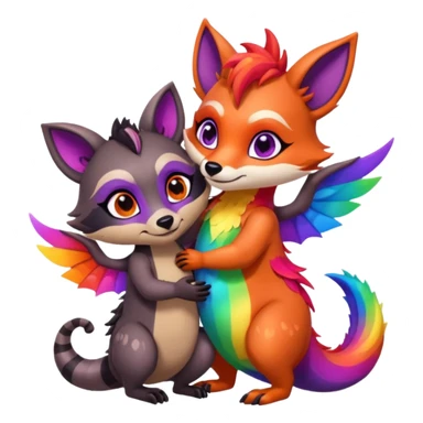 black female raccoon dragon hybrid with rainbow colored wings and purple eyes giving a big hug to a red female fox dragon hybrid with rainbow colored wings and orange eyes sticker