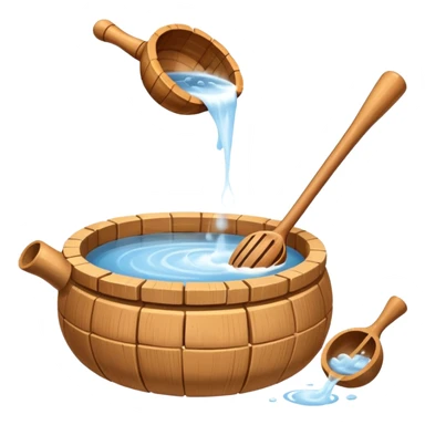 Ladle pouring water onto sauna rocks with steam sticker