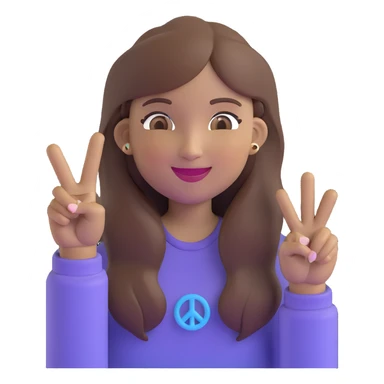 a girl with long brown hair and brown eyes smiling, memoji style, with a peace sign sticker