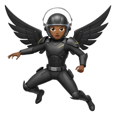 RAZORWING Look: Streamlined black suit with mechanical grappling wings folded behind Weapon: Sleek throwing knives strapped to chest and thighs Helmet: Visor with scanning HUD Vibe: Daring, sharp-eyed, fearless Stance: Leaping or gliding above the battlefield sticker