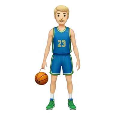 Full Body  white male basketball player with short shaggy hair and gold tee mustache wearing blue and green uniform sticker
