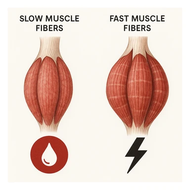 hyper realistic image comparing slow and fast muscle fibers, slow fibers appear saturated and low hypertrophic, saturation symbols, educational atmosphere, anatomical details, white background sticker