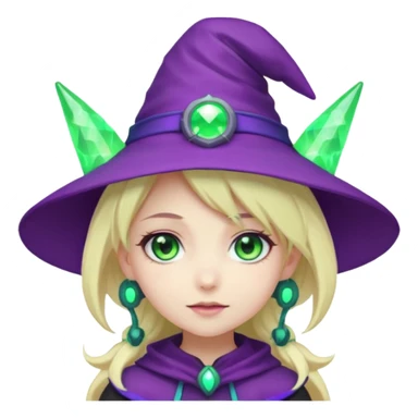 Make a blonde girl with green glowing headset on with teal eyes and a purple haired girl with green eyes waering a purple wit hes hat haveing fun , make them a chibi emoji page anime style sticker