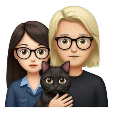 White girl with long dark brown hair and man with blonde hair and glasses. Holding one black cat and one grey cat sticker