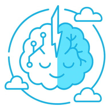minimalist icon of a brain divided in half by a central energy blade, hemispheres with circuit and neuron lines, outer circle broken by three points, flat, monochromatic neon blue, for emoji or digital badge sticker